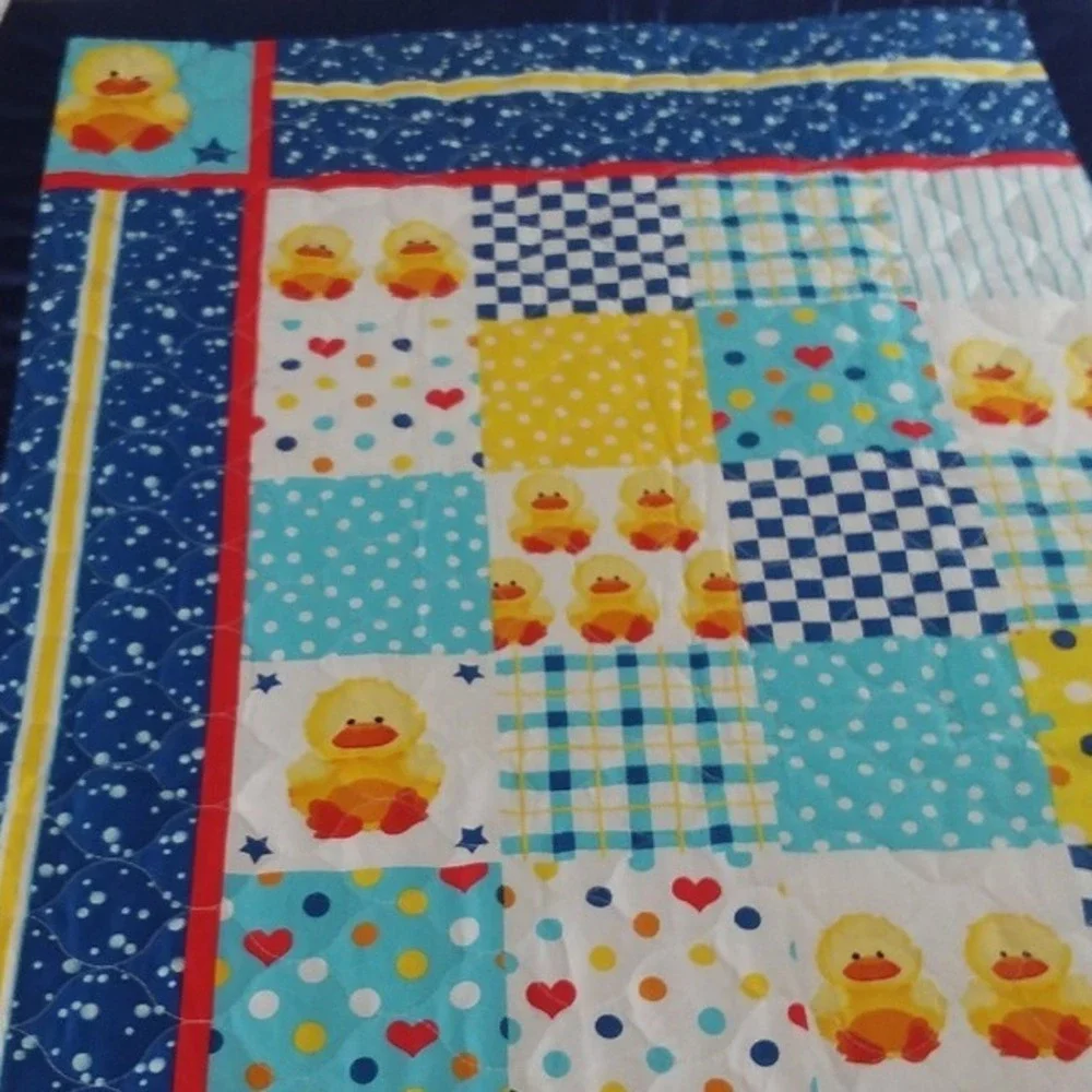 Handmade Baby Quilt Duck Patchwork Blanket Satin Trim Play Mat Blue Yellow 45x28